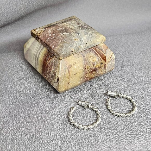 Small Hoops Earrings w/twisted, stamped design, Silver Plate - 3/4" length - Picture 2 of 8